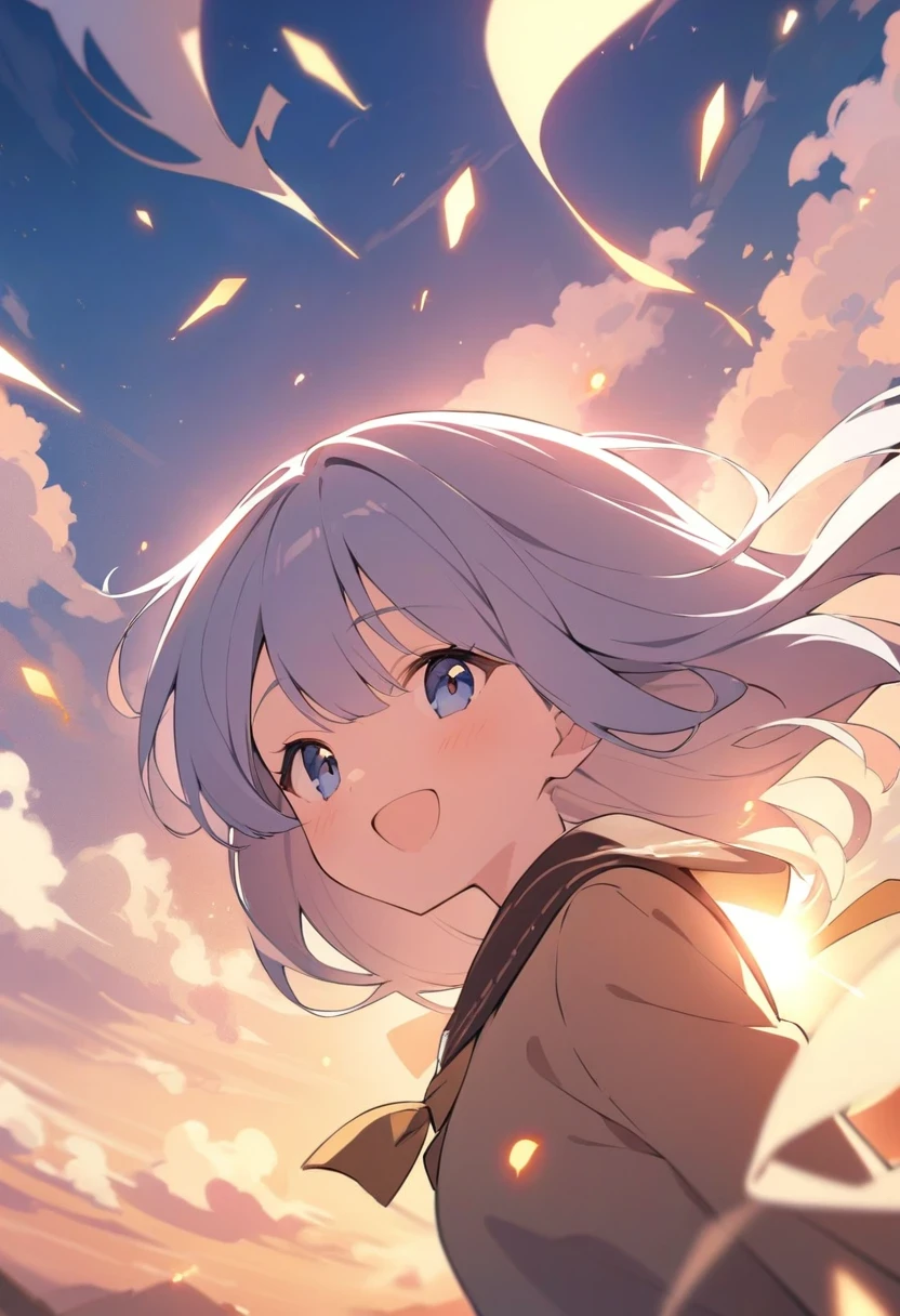 movie still, cloud girl, floating in the sky, (close-up:1.1), bright, happy, fun, warm soft lighting, sunset, sparks
