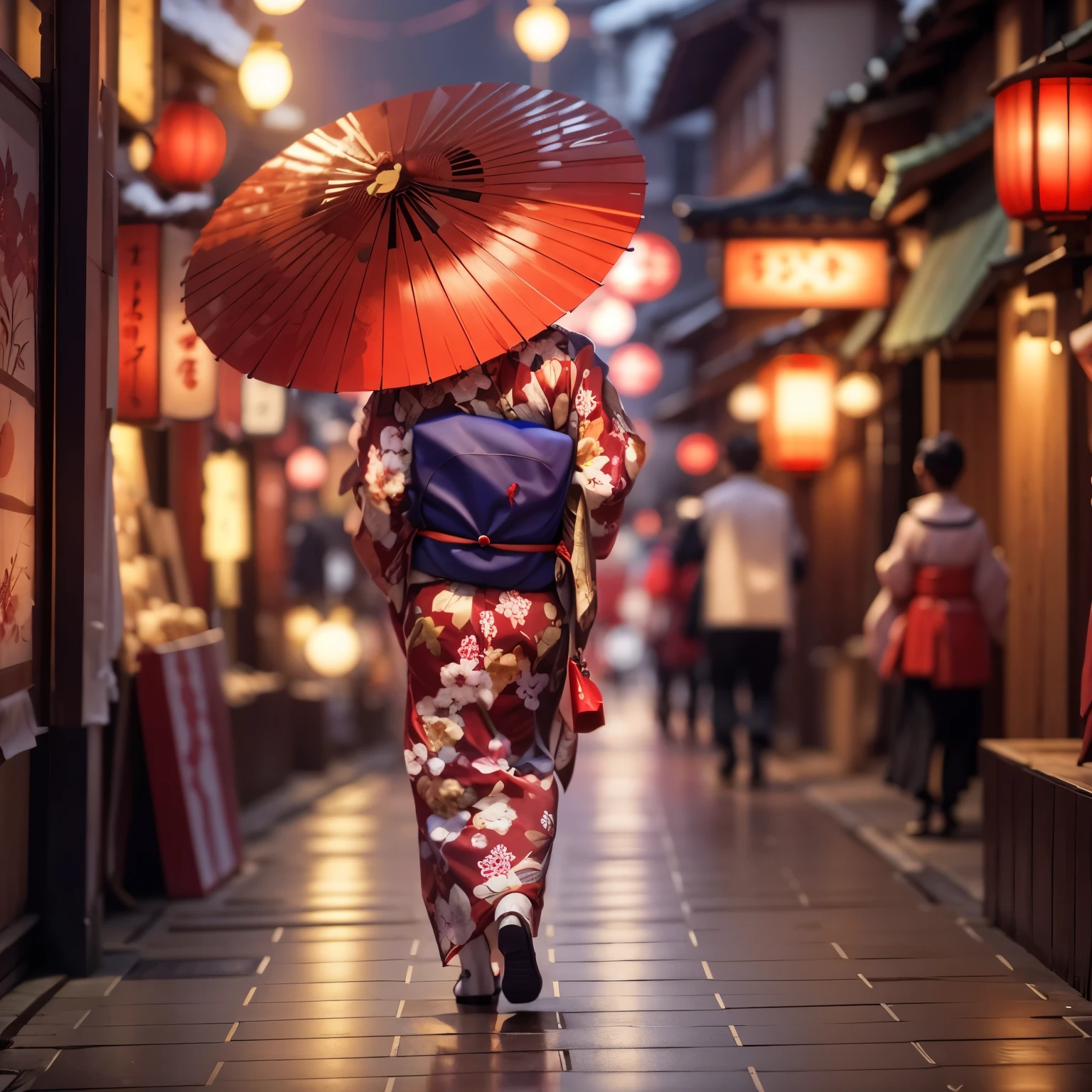 A man in his 40s walking around town with a red umbrella, A quest to travel deeper into Japan, traditional geisha clothing, japanese woman, Kyoto inspired, wearing a kimono, traditional japanese, japanese kimono, japanese geisha, Kyoto, wearing a kimono, traditional japanese colors, Japanese style, edo japan, geisha, skilled geisha of the japanese, Japanese heritage,red kimono
