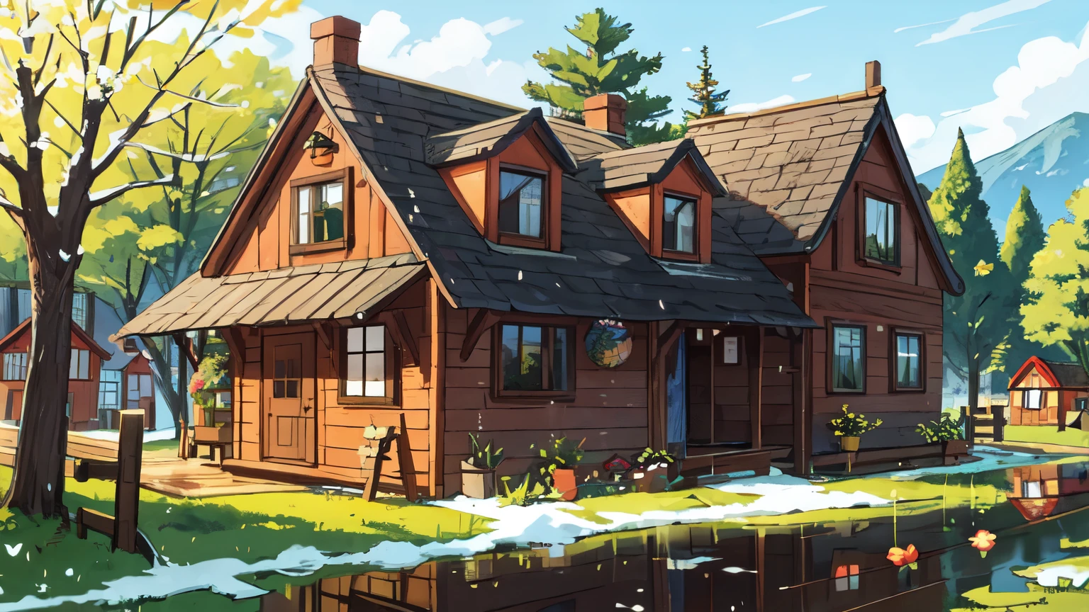 fantasy village, 10 houses, Wooden houses, tavern, notice board, spring, dirt, slush, puddles, spring