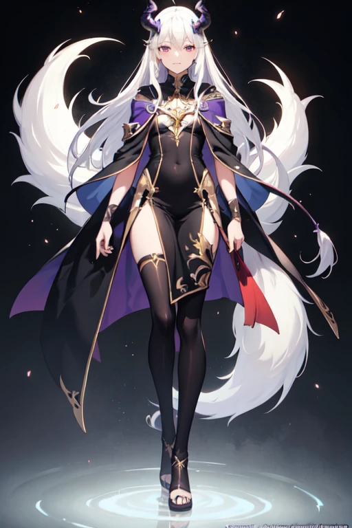 ((best quality)), ((mastanime character dressed in black and purple with white hair and horns, anime character; (((full body art))), Anime full body illustration, White-haired Nuegami, beautiful male nue, Handsome man with dragon slayer art, ((wearing a noble's robes)), fox ears, tall anime man, ((have long white hair)), astral witch clothes, Stylish Dark Witch Piece)), (detailed), perfect face