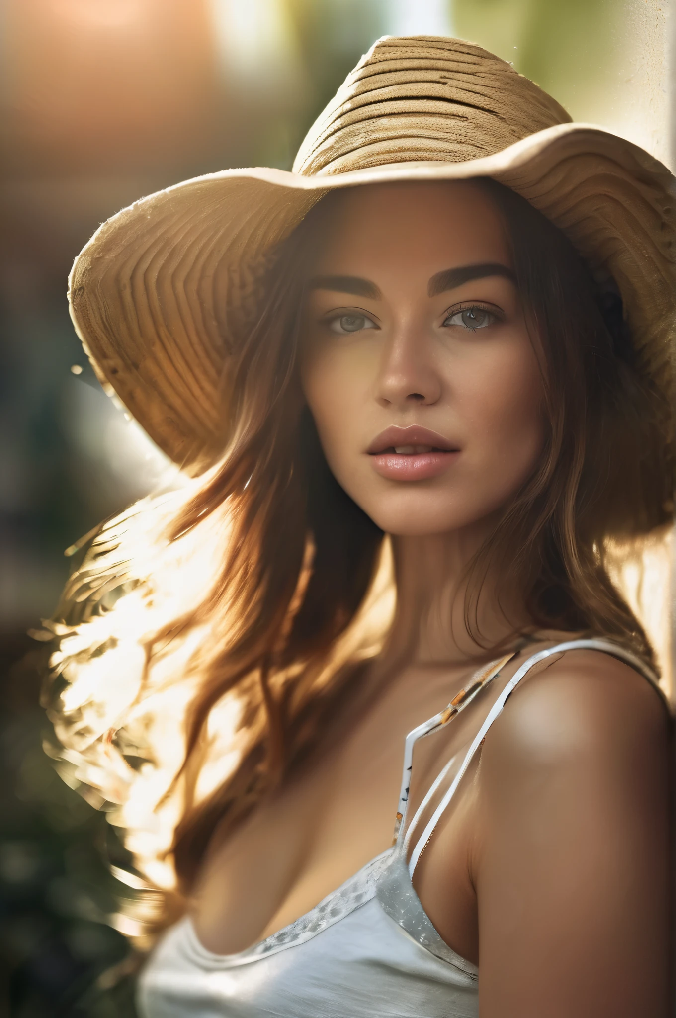 arafed woman with a necklace, large breasts, sitting on a kitchen counter, modern kitchen, white countertop, sexy girl with green eyes, portrait sophie mudd, brown hair and large eyes, selfie of a young woman, bedroom eyes, violet myers, without makeup, natural makeup, looking directly at the camera, face with artgram, subtle makeup, stunning full body shot, piercing green eyes, beautiful angle, attractive pose, cute girl, sexy pose, full body picture, full body, full body shoot, brunette goddess, high detail, satisfied pose, wearing only a blue bucket hat, average breasts, (beautiful detailed face, beautiful detailed eyes), (naked), glow, sweat, (sunbeam, sunlight), (nsfw:1.5)