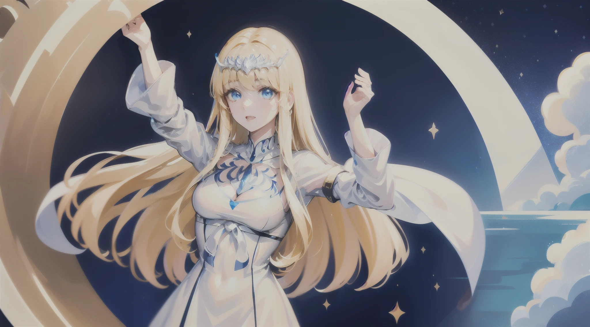 hands down, arms down, hands not showing,  1girl,solo, Calca, Calca Bessarez, blonde hair, extremely long hair, very long hair, white tiara, silver tiara, white dress, blue eyes, medium chest