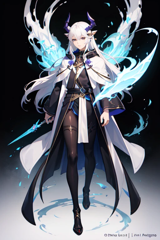 ((best quality)), ((mastanime character dressed in black and purple with white hair and horns, anime character; (((full body art))), Anime full body illustration, White-haired Nuegami, beautiful male nue, Handsome man with dragon slayer art, ((wearing a noble&#39;s robes)), fox ears, tall anime man, ((have long white hair)), astral witch clothes, Stylish Dark Witch Piece)), (detailed), perfect face