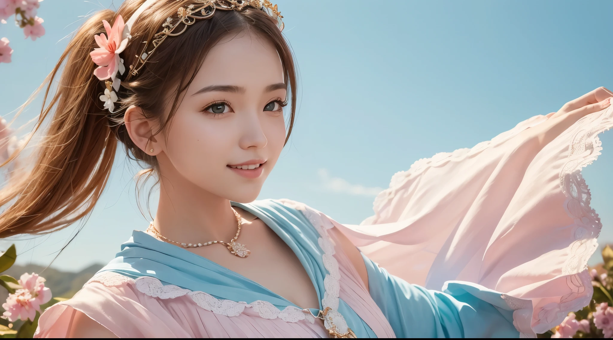 masterpiece, award winning, high quality, super detail, 8k, photo, simple pose, girl, (solo), smile, ancient clothing, detailed clothes, dressed up, spring clothes, ancient accessories, (theme color is bright light blue and pale coral pink), complemented with a necklace, (close up of face), (portrait style), at the old castle, classic European style, in early spring, natural daylight, direct sunlight, harmonious color palette and composition