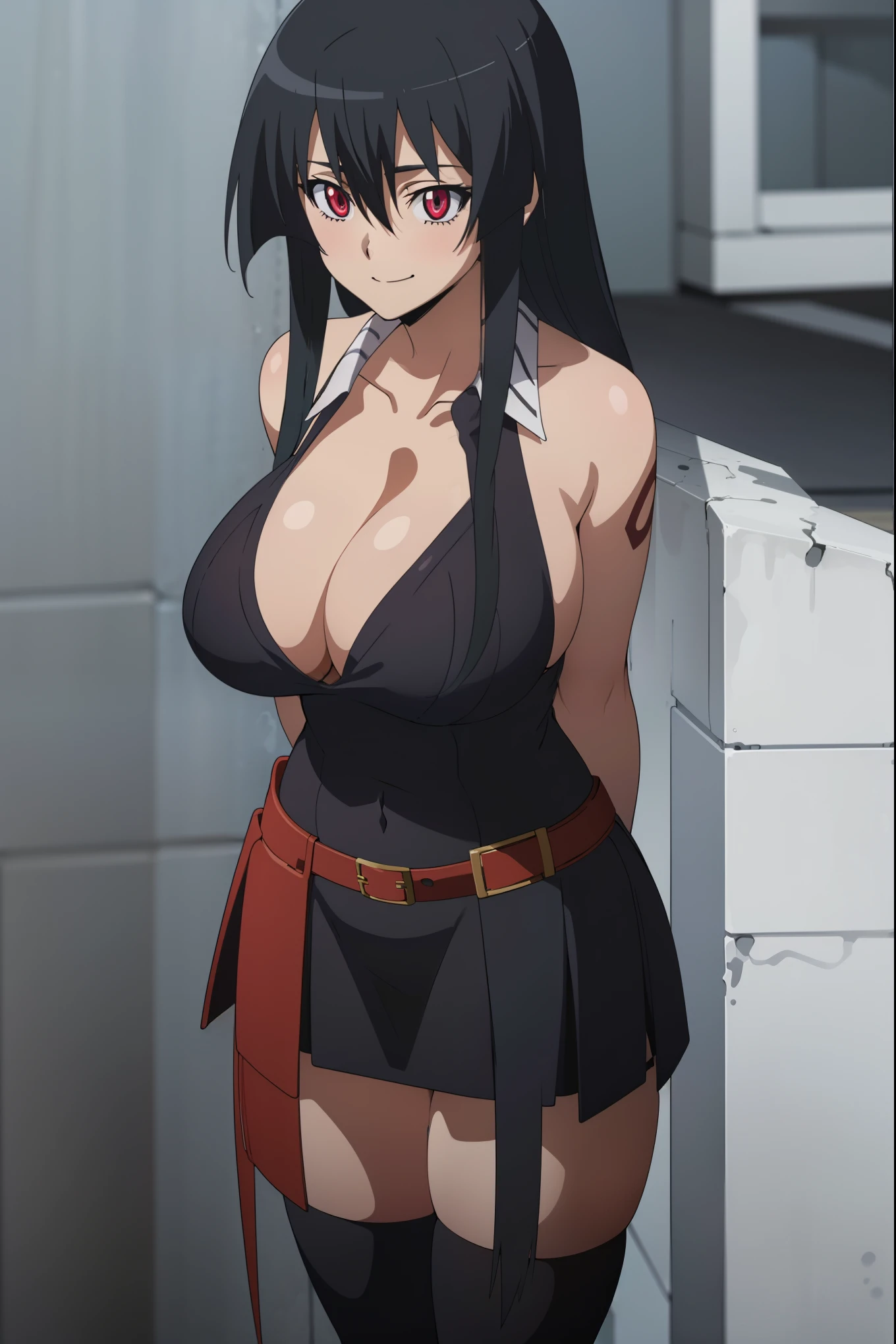 score_8_up, score_7_up, source_anime, Akame, 1girl, solo, black hair, long hair, (glowing red eyes:1.2),
BREAK (white shirt, pencil skirt, thighhighs, garter straps, huge breasts, thighs, cleavage, narrow waist, wide hips, thick thighs:1.2),
BREAK full-length portrait,full entire body,arms behind back,cute smile,Front view,
BREAK (masterpiece:1.2), best quality, high resolution, unity 8k wallpaper, (illustration:0.8), (beautiful detailed eyes:1.6), extremely detailed face, perfect lighting, extremely detailed CG, (perfect hands, perfect anatomy),perfect face,