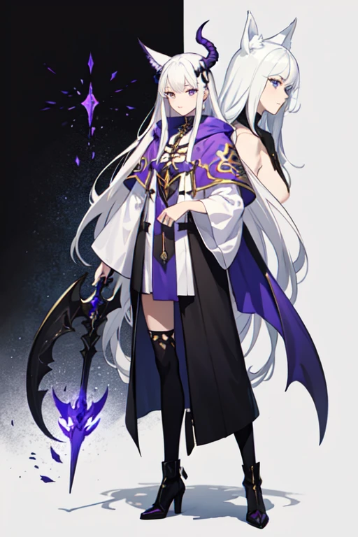 ((best quality)), ((mastanime character dressed in black and purple with white hair and horns, anime character; (((full body art))), Anime full body illustration, White-haired Nuegami, beautiful male nue, Handsome man with dragon slayer art, ((wearing a noble&#39;s robes)), fox ears, tall anime man, ((have long white hair)), astral witch clothes, Stylish Dark Witch Piece)), (detailed), perfect face