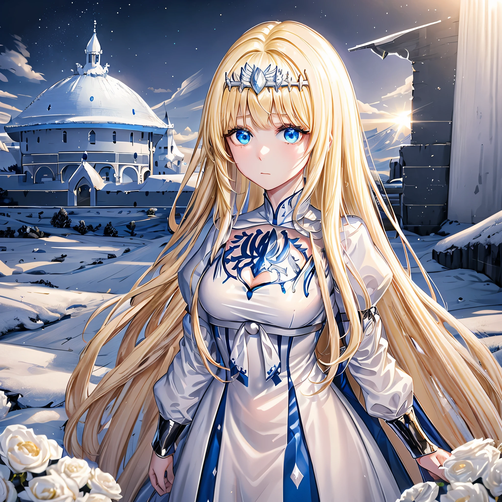 super fine illustration, an extremely cute and beautiful girl, highly detailed beautiful face and eyes, look at viewer, cowboy shot, beautiful long hair, solo, dynamic angle, beautiful detailed ice dress with frill, ice castle in background, blue tone,  1girl,solo, Calca, Calca Bessarez, blonde hair, extremely long hair, very long hair, white tiara, silver tiara, white dress, blue eyes, medium chest