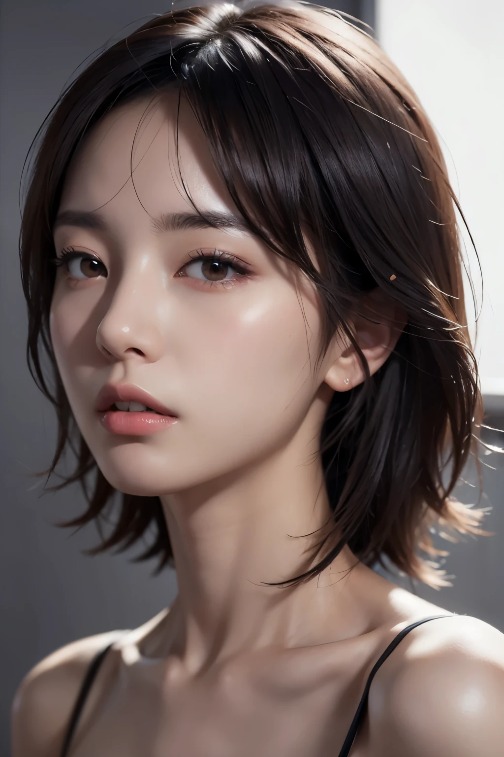 ８ｋ、High resolution、B girl fashion、beautiful girl、slender figure、young、colorful clothing、White skin,narrow eyes,high nose,Lights that illuminate the face、clear image、intellectual beauty、Look straight ahead、skinny、No makeup、Black lace clothing、short hair、anxious look、close-up imagery、when light hits your face, You can see the place clearly.,shopping center、Wear fur