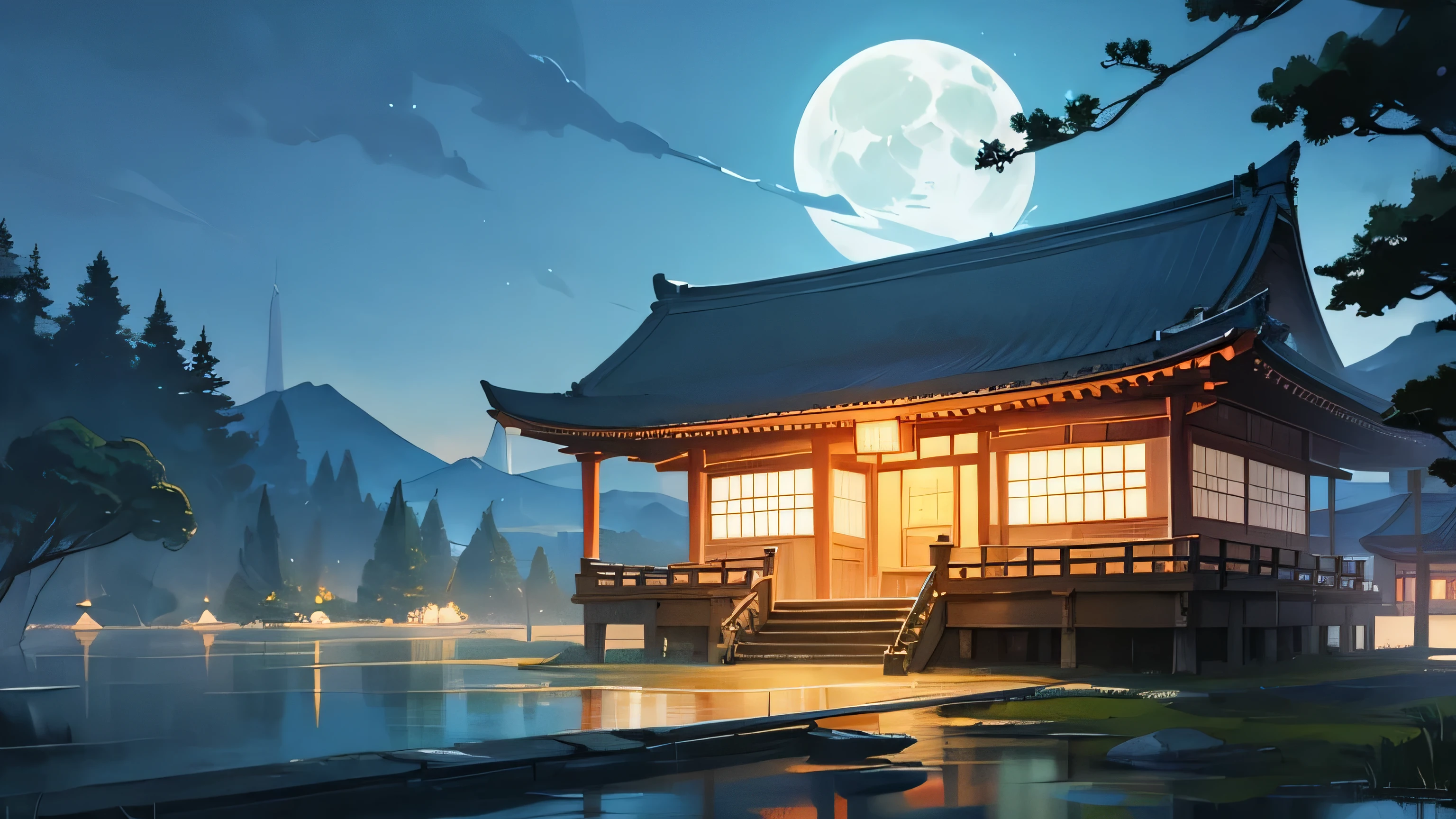 landscape painting with no one、scenery of folk tales、anime style、pastel tone、Japanese Temples、Beautiful moonlight in the middle of the night、The season is summer