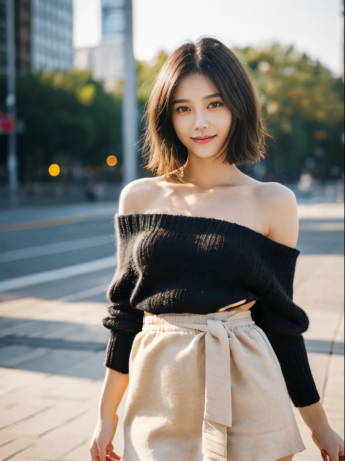 (top quality、8K、Masterpiece:1.2), (Cute Japanese beautiful girl、18 years old:1.4)、(Face is clean and beautiful、golden ratio:1.5)、 (Very fine eye definition, symmetrical eyes:1.3), (brown eyes, parted bangs, glossy black hair:1.2)、(There is no contradiction in having a perfect body、Perfect limbs without contradictions:1.7)、(shiny skin:1.2)、(beautiful big breasts:1.6)、(Tighten the waist:1.5)、(Off-the-shoulder loose knit、tight mini skirt:1.3) 、(bend forward、sexy pose:1.3)、(looking at camera:1.4)、outdoor、City、Wind、Optics、background blur
