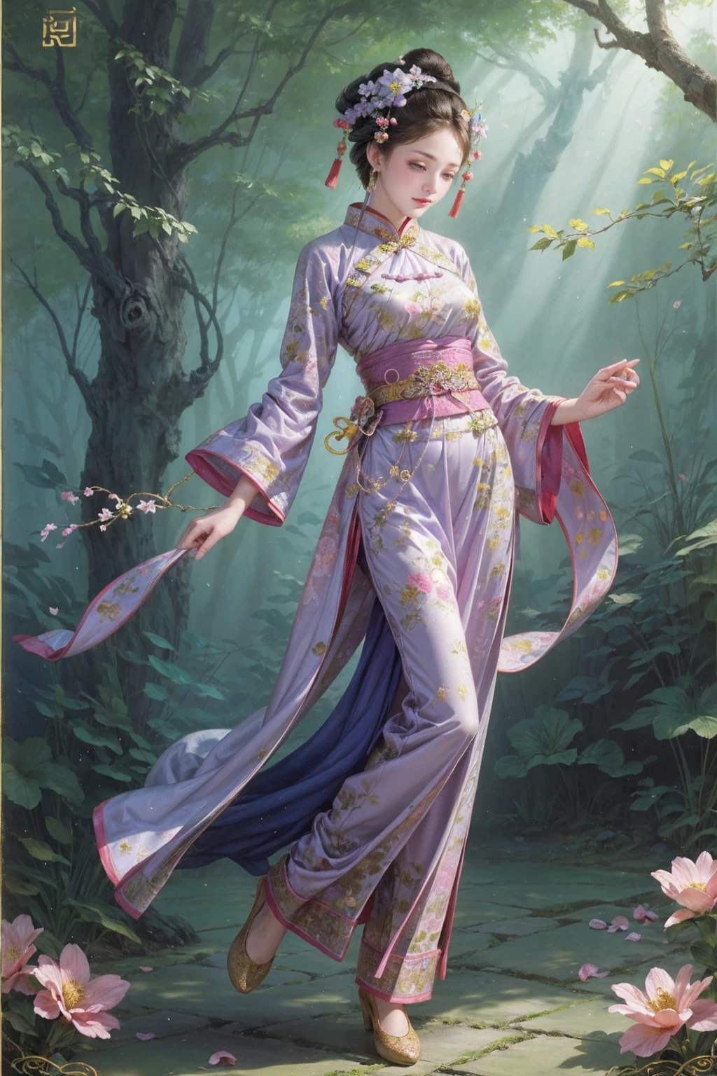 best quality, vibrant colors, traditional costume, delicate details, elegant pose, refined beauty, peaceful garden, blooming flowers, serene atmosphere, soft lighting, traditional artistry, Chinese painting style, rich cultural elements