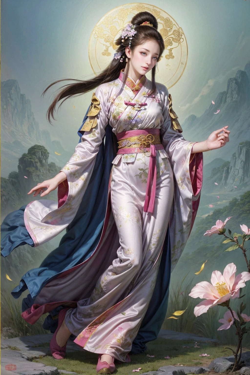 best quality, vibrant colors, traditional costume, delicate details, elegant pose, refined beauty, peaceful garden, blooming flowers, serene atmosphere, soft lighting, traditional artistry, Chinese painting style, rich cultural elements