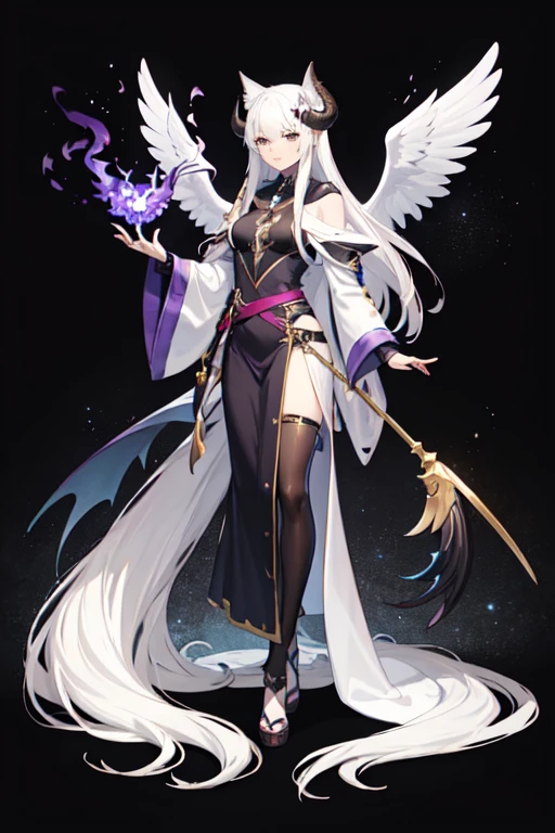 ((best quality)), ((mastanime character dressed in black and purple with white hair and horns, anime character; (((full body art))), Anime full body illustration, White-haired Nuegami, beautiful male nue, Handsome man with dragon slayer art, ((wearing a noble's robes)), fox ears, tall anime man, ((have long white hair)), astral witch clothes, Stylish Dark Witch Piece)), (detailed), perfect face