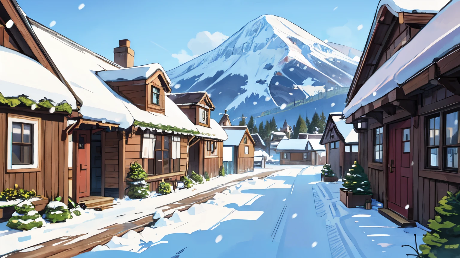 fantasy village, 10 houses, Wooden houses, tavern, notice board, spring, snow is melting, there is snow