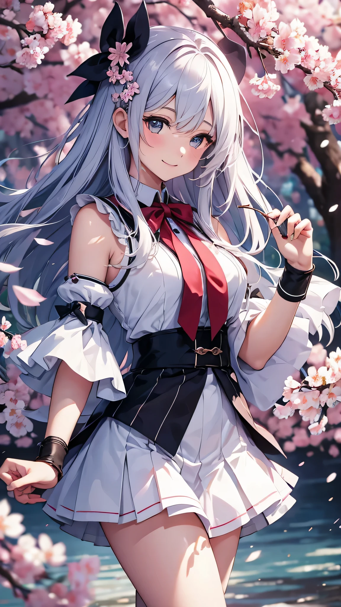 最high quality、best image quality、masterpiece、girl((18-year-old、 By becoming、vest bust、medium bust,wide open breast tea、shining eyes, silver hair、long hair、thin,highest valley、、white sailor suit、White short skirt、Wristband、smile、dance、sing)),high quality、beautiful art、background((SakuraFubuki、Falling cherry blossoms、Cherry tree、beautiful park、square、Cherry Meadow、Wind))、Flight、debris flies、Depth of written boundary、movie、visual art、perfect art、8K,genuine、