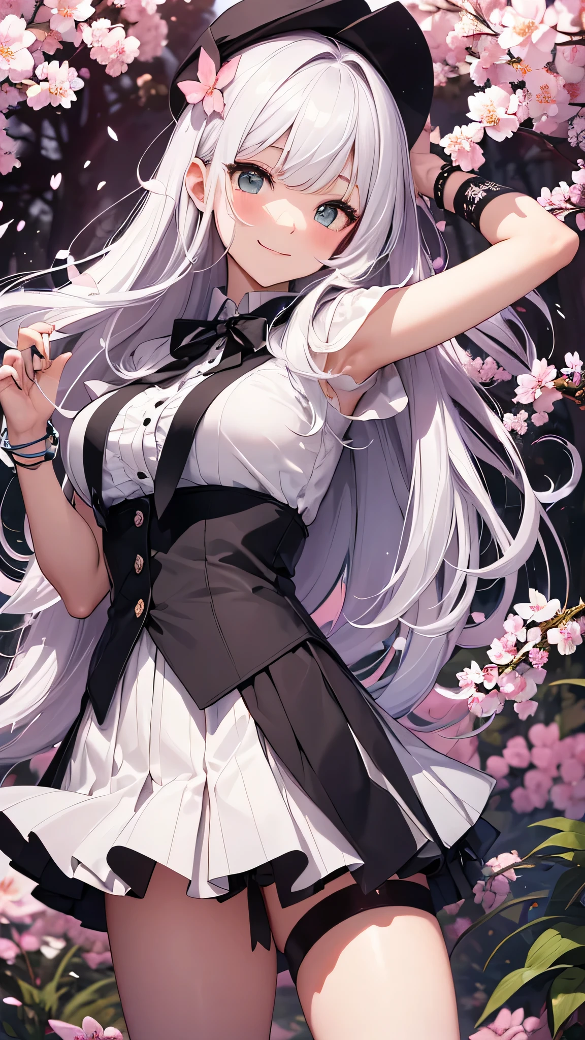 最high quality、best image quality、masterpiece、girl((18-year-old、 By becoming、vest bust、medium bust,wide open breast tea、shining eyes, silver hair、long hair、thin,highest valley、、white sailor suit、White short skirt、Wristband、smile、dance、sing)),high quality、beautiful art、background((SakuraFubuki、Falling cherry blossoms、Cherry tree、beautiful park、square、Cherry Meadow、Wind))、Flight、debris flies、Depth of written boundary、movie、visual art、perfect art、8K,genuine、