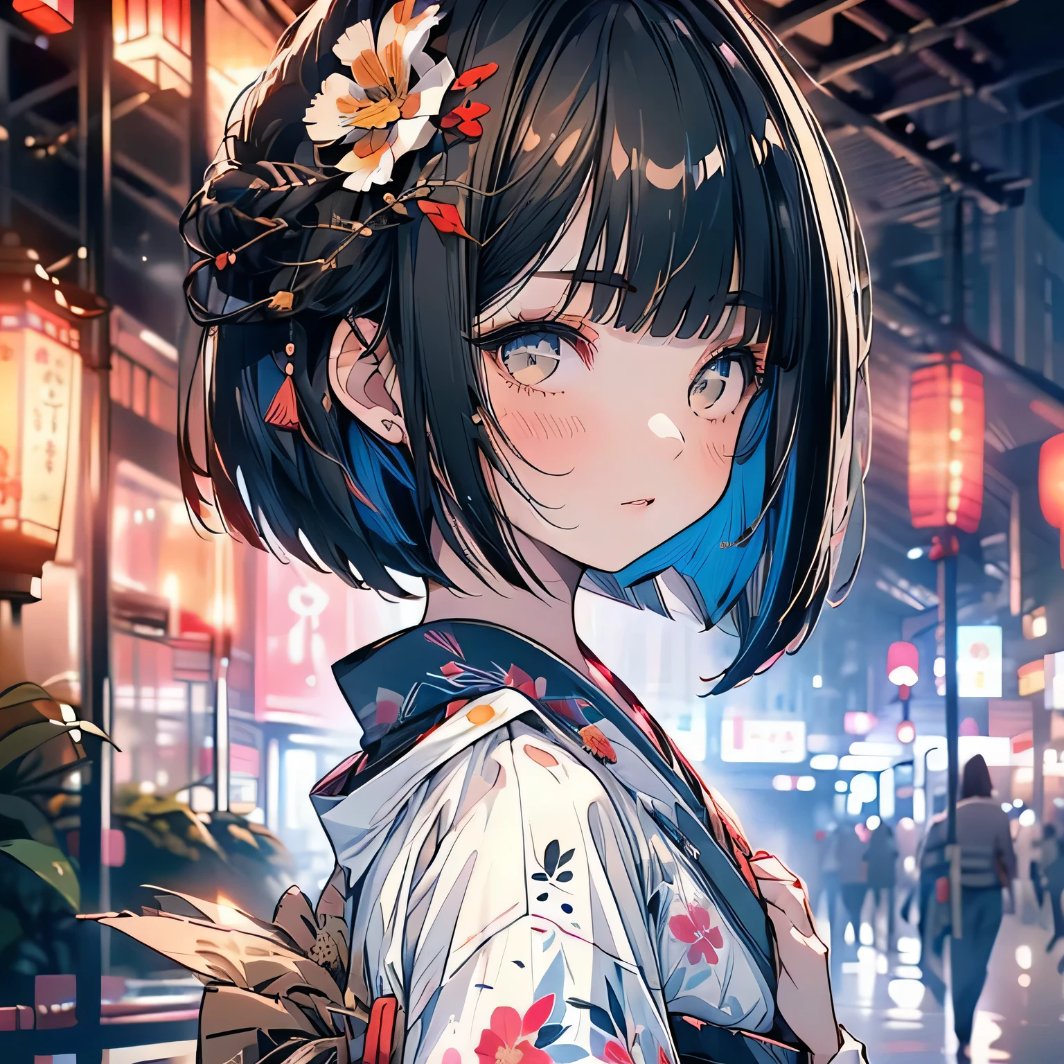 ((1girl,cute,japanese,young,short beautiful black hair,bob cut,blunt bangs,beautiful black eyes)),(solo),(japanese beautiful floral kimono,yukata),((masterpiece, highest resolution,best quality)), (beautiful illustration), (looking at the viewer), innocent smile,beautiful japanese festival,fireworks,flowers,stall、stall,crowded,night,