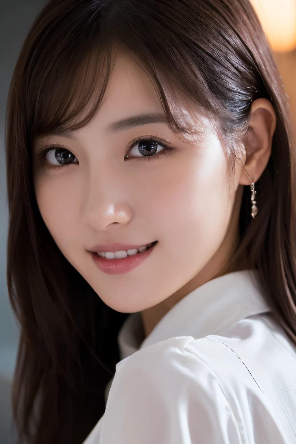1 girl in, (Wear a platinum shirt:1.2), (original photo, best quality), (actual, Realism:1.4), on the table, extremely delicate and beautiful, Very detailed, 2k wallpaper, Astonishing, fine details, Extremely detailed CG Unity 8K wallpapers, Super detailed, high resolution, soft light, Beautiful and delicate girl, Extremely detailed eyes and face, Beautiful and detailed nose, Beautiful and delicate eyes, movie lighting, city lights at night, perfect anatomy, slender figure, tension,
Straight and semi-long hair, Bangs, looking at the audience, smile slightly