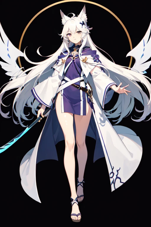 ((best quality)), ((mastanime character dressed in black and purple with white hair and horns, anime character; (((full body art))), Anime full body illustration, White-haired Nuegami, beautiful male nue, Handsome man with dragon slayer art, ((wearing a noble's robes)), fox ears, tall anime man, ((have long white hair)), astral witch clothes, Stylish Dark Witch Piece)), (detailed), perfect face