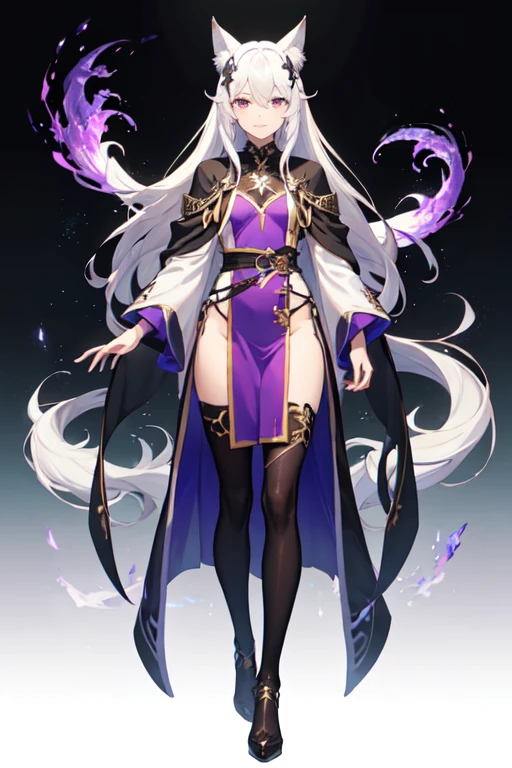 ((best quality)), ((mastanime character dressed in black and purple with white hair and horns, anime character; (((full body art))), Anime full body illustration, White-haired Nuegami, beautiful male nue, Handsome man with dragon slayer art, ((wearing a noble&#39;s robes)), fox ears, tall anime man, ((have long white hair)), astral witch clothes, Stylish Dark Witch Piece)), (detailed), perfect face
