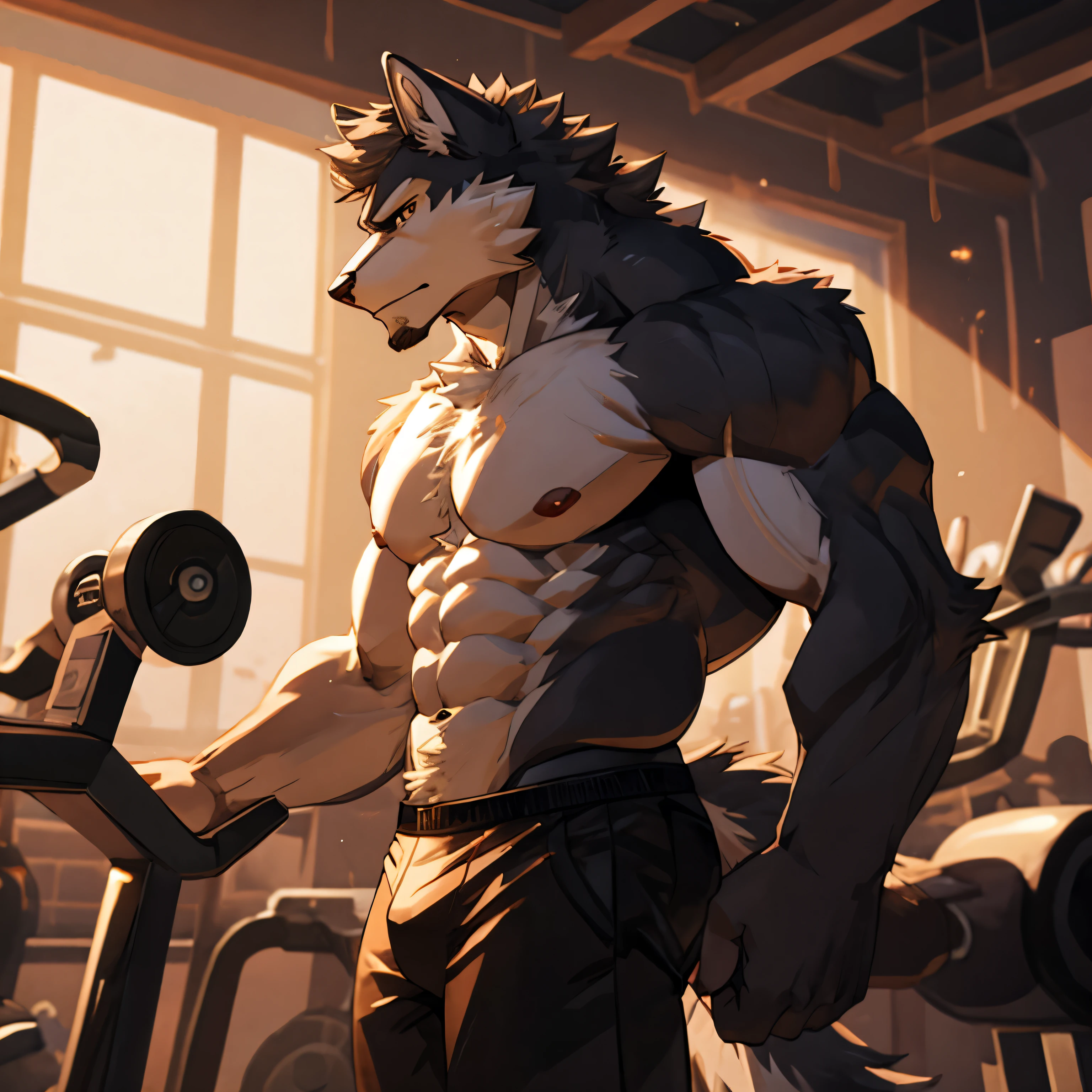 Masterpiece, Solo, Furry Gray wolf, Adult, Gray Fur, brown Eyes, Gray Short Hair, Very Muscular Body, Hard Muscle, Veins in the muscle, Good Looking, Handsome, Fierce, shirtless, Short Pants, Hot Pose,underwear boxer,gym