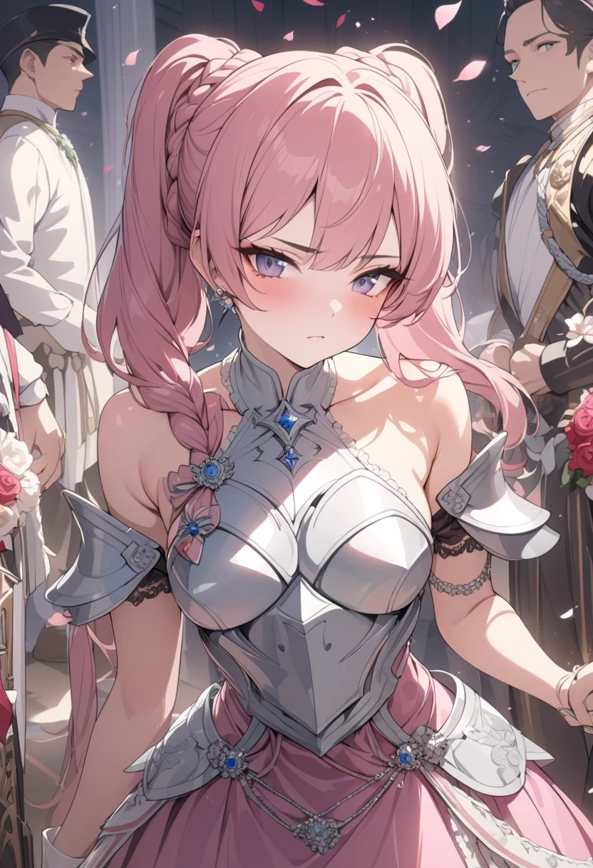 Miss, Serious, warrior, armor, elegant, pink skirt, aristocratic, silver element, Long nails, bare shoulders, hairstyle, hair standing on end, Braids and ponytails, messy, arrogant, absurd, detail dress, royalties, celebration, Hall decorated with flowers, Cowboy shooting, portrait, (best quality), (masterpiece), (Very detailed), (4K)