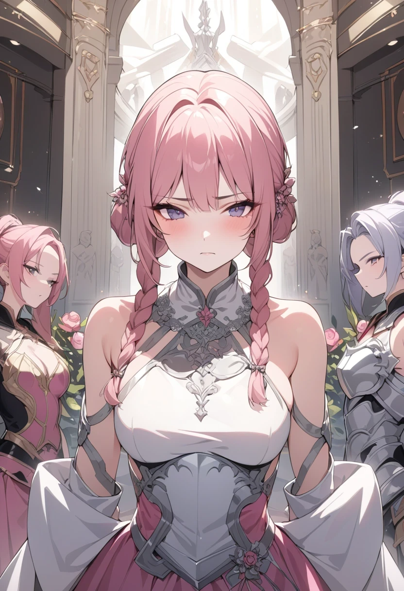 Miss, Serious, warrior, armor, elegant, pink skirt, aristocratic, silver element, Long nails, bare shoulders, hairstyle, hair standing on end, Braids and ponytails, messy, arrogant, absurd, detail dress, royalties, celebration, Hall decorated with flowers, Cowboy shooting, portrait, (best quality), (masterpiece), (Very detailed), (4K)