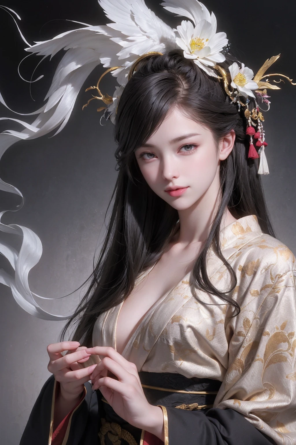 Umalinda warrior sexy, pretty face, Delicious Company, Alluring figure, Wearing a sexy open kimono. The artwork is created in a medium reminiscent of Japanese ink paintings....., Features bold strokes and Monochromatic color palette. artist'Masterful technique reveals the intensity and power of the image'sense of presence,with the highest quality, Perfectly capture every detail with ultra-high resolution. Textures and intricate patterns on kimonos are rendered with extreme precision. Lighting is carefully designed,Enhance drama, Features deep shadows and subtle highlights. General, The artwork exudes elegance and power, Combining traditional Japanese aesthetics with a modern feel. Monochromatic color palette, Combine details, Create captivating and immersive experiences for your audience.