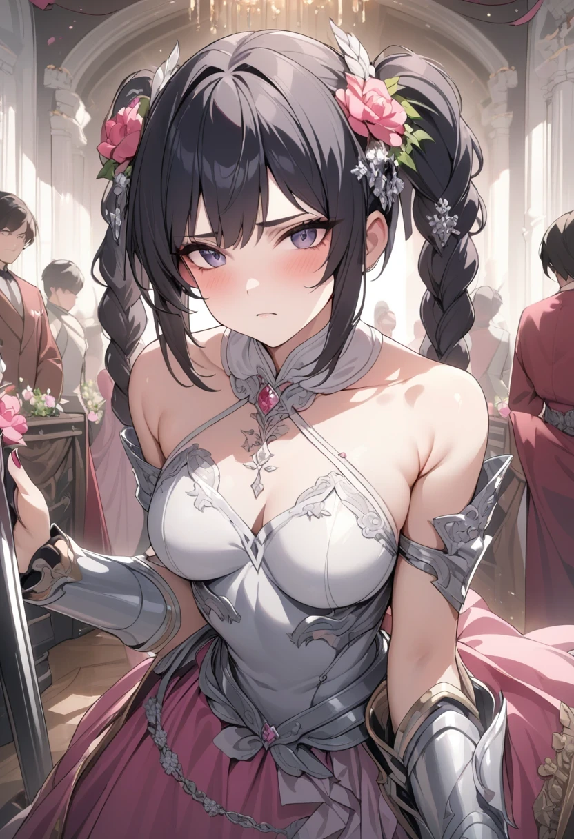 Miss, Serious, warrior, armor, elegant, pink skirt, aristocratic, silver element, Long nails, bare shoulders, hairstyle, hair standing on end, Braids and ponytails, messy, arrogant, absurd, detail dress, royalties, celebration, Hall decorated with flowers, Cowboy shooting, portrait, (best quality), (masterpiece), (Very detailed), (4K)