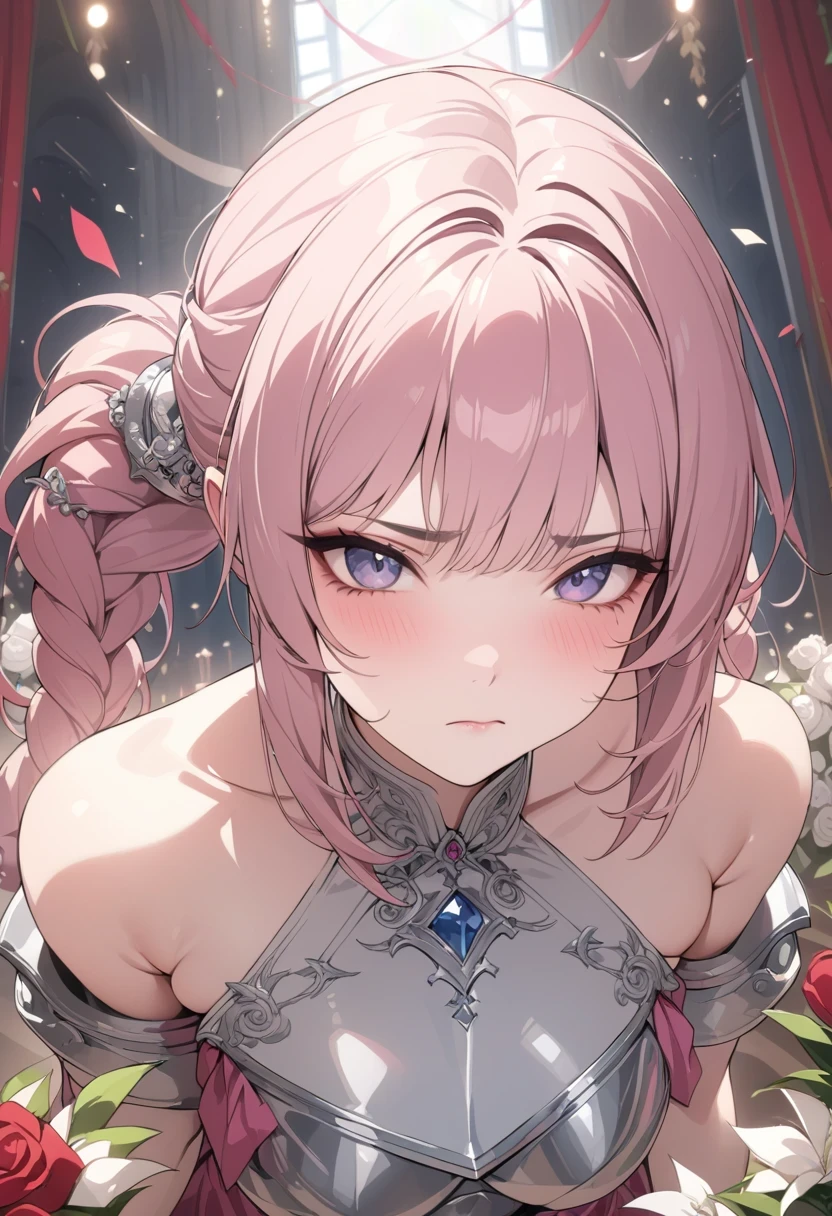Miss, Serious, warrior, armor, elegant, pink skirt, aristocratic, silver element, Long nails, bare shoulders, hairstyle, hair standing on end, Braids and ponytails, messy, arrogant, absurd, detail dress, royalties, celebration, Hall decorated with flowers, Cowboy shooting, portrait, (best quality), (masterpiece), (Very detailed), (4K)