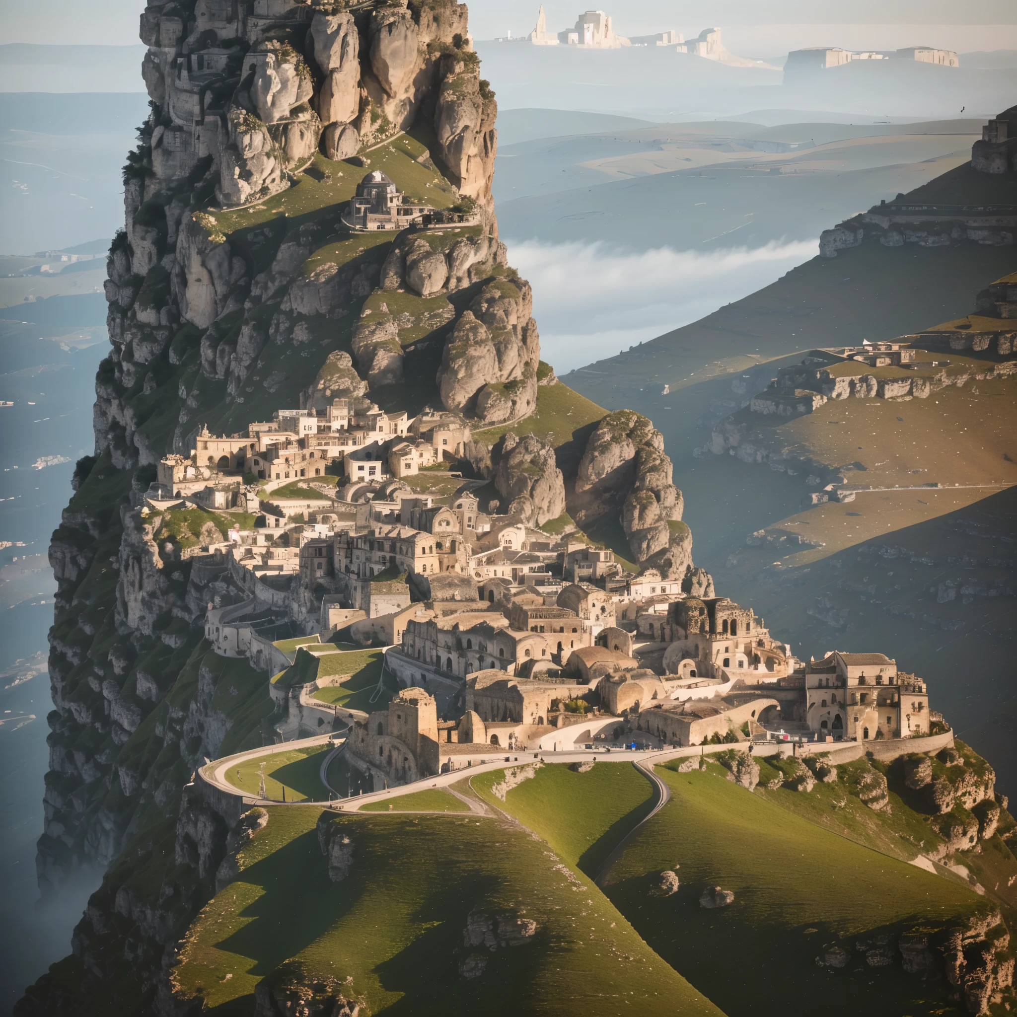 abstract colors, texture, film grain, (skin pores:0.2), (tilt shift photography:1.2), intricate dramatic portrait of a beautiful (windblown:1.2) scifi steampunk (medieval fantasy magical sassi_di_matera:1.2) on top of a rocky mountain overlooking a futuristic (solarpunk:1.2) city, foggy morning, cinematic movie still frame, blade runner 2049, punk hair style, altered carbon, (analog style:1.3), (film grain:1.3), The light is sparkling, high quality photography, 3 point lighting, flash with softbox, 4k, Canon EOS R3, hdr, smooth, sharp focus, high resolution, award winning photo, 80mm, f2.8, bokeh