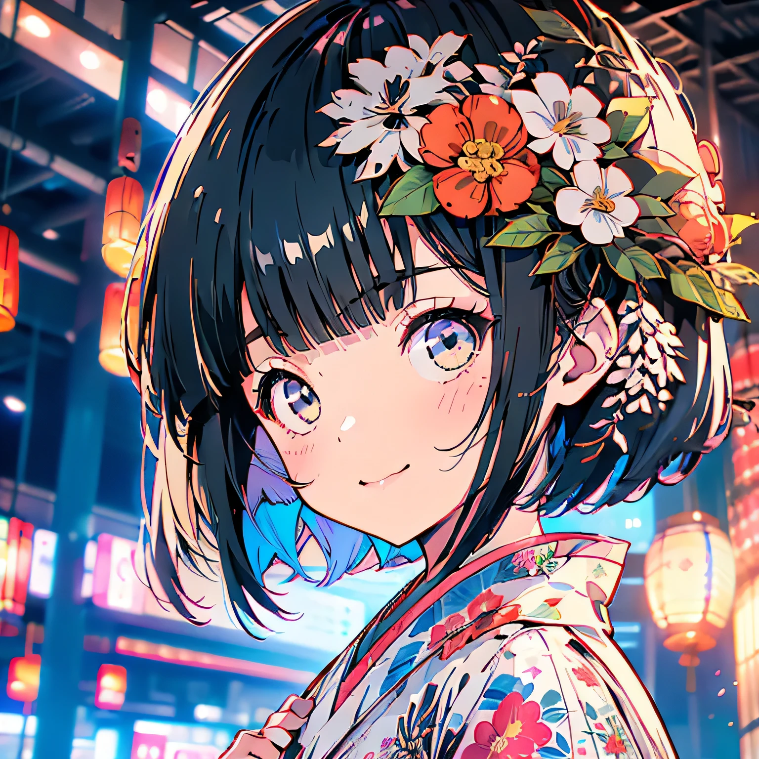 ((1girl,cute,japanese,young,short beautiful black hair,bob cut,blunt bangs,beautiful black eyes)),(solo),(japanese beautiful floral kimono,yukata),((masterpiece, highest resolution,best quality)), (beautiful illustration), (looking at the viewer), innocent smile,beautiful japanese festival,fireworks,flowers,stall、stall,crowded,night,