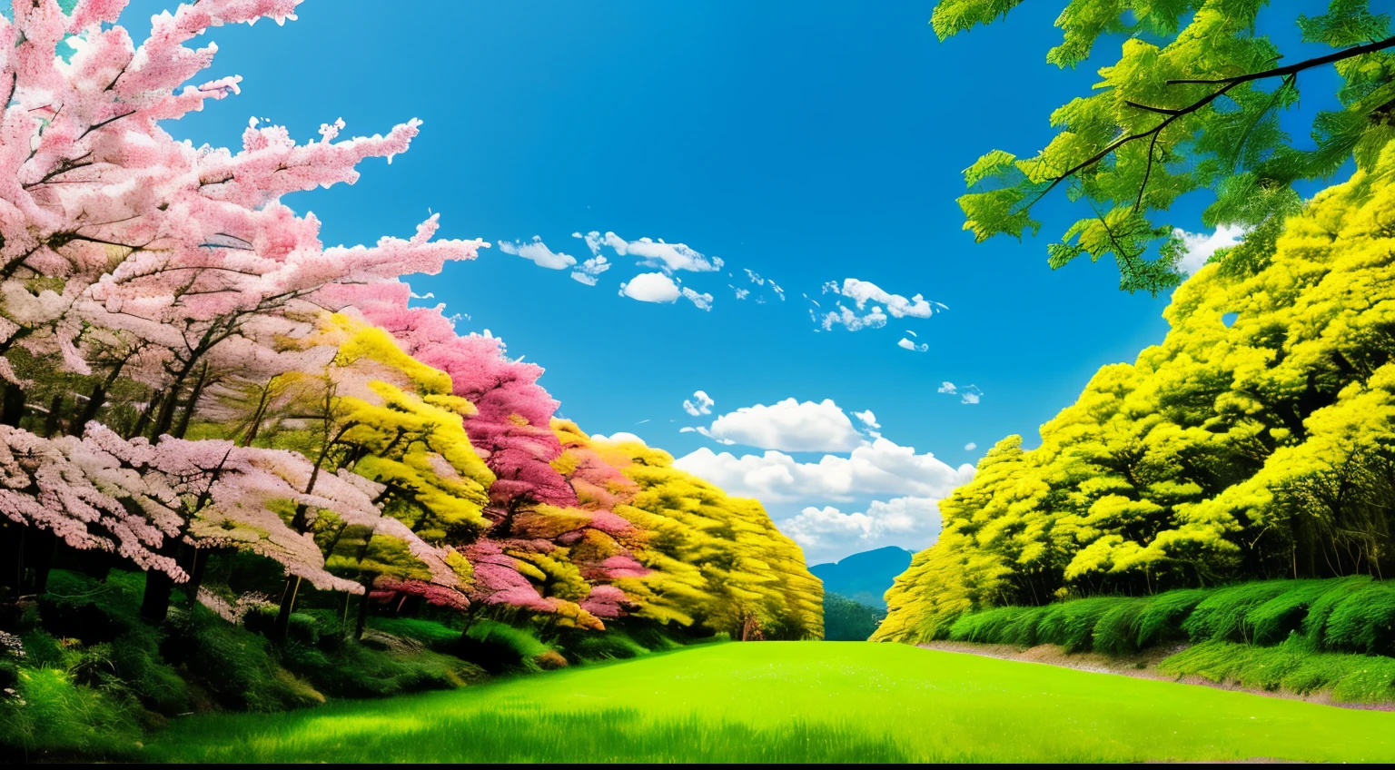 vivid flowers、In a slightly larger forest、blue sky、White cloud、distant tree々々