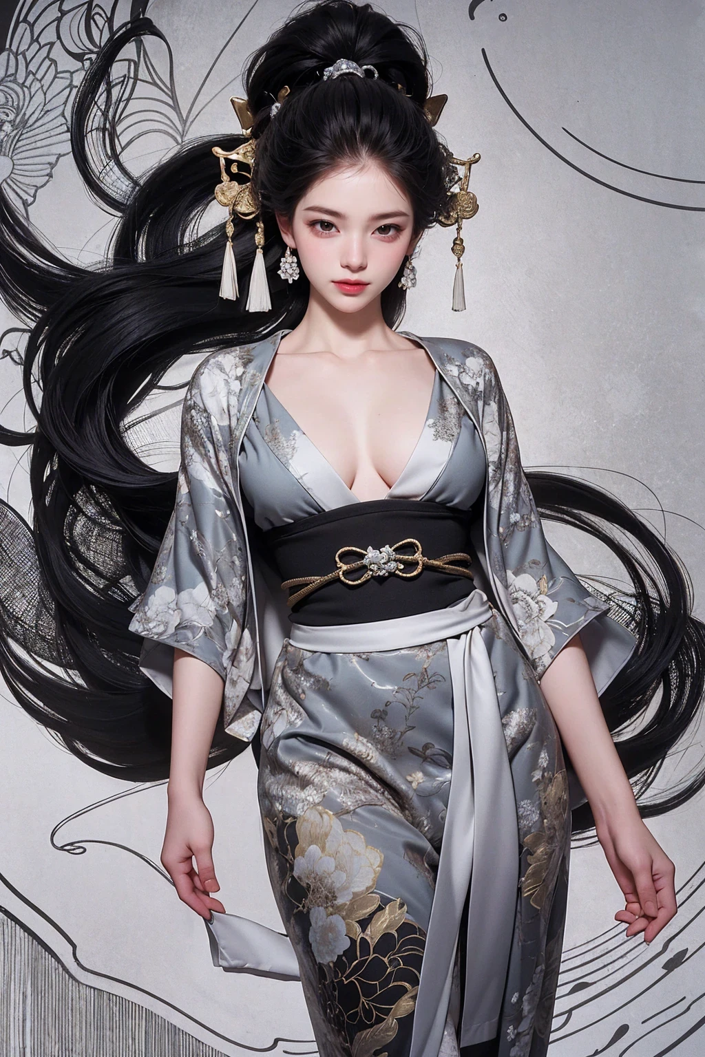 Umalinda warrior sexy, pretty face, Delicious Company, Alluring figure, Wearing a sexy open kimono. The artwork is created in a medium reminiscent of Japanese ink paintings....., Features bold strokes and Monochromatic color palette. artist'Masterful technique reveals the intensity and power of the image'sense of presence,with the highest quality, Perfectly capture every detail with ultra-high resolution. Textures and intricate patterns on kimonos are rendered with extreme precision. Lighting is carefully designed,Enhance drama, Features deep shadows and subtle highlights. General, The artwork exudes elegance and power, Combining traditional Japanese aesthetics with a modern feel. Monochromatic color palette, Combine details, Create captivating and immersive experiences for your audience.