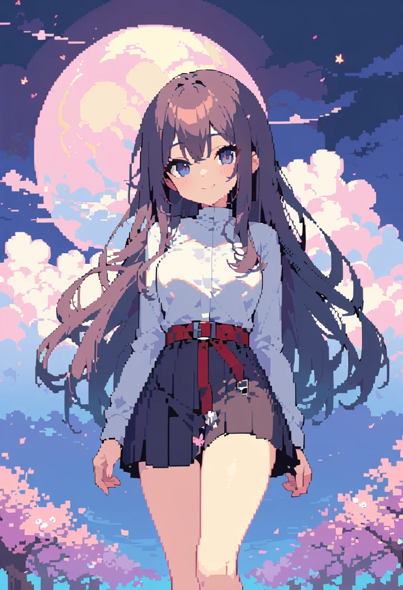 pixel art, masterpiece, best quality, detailed, 1 girl, alone, night sky, outdoor, full moon, Star, cloud, night,, dark cherry blossoms, (black skirt), long hair, smile, red belt, striped, thigh