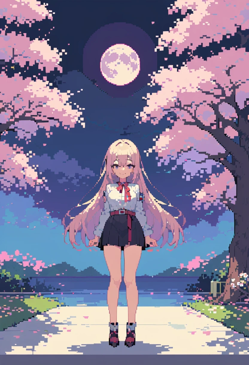 pixel art, masterpiece, best quality, detailed, 1 girl, alone, night sky, outdoor, full moon, Star, cloud, night,, dark cherry blossoms, (black skirt), long hair, smile, red belt, striped, thigh