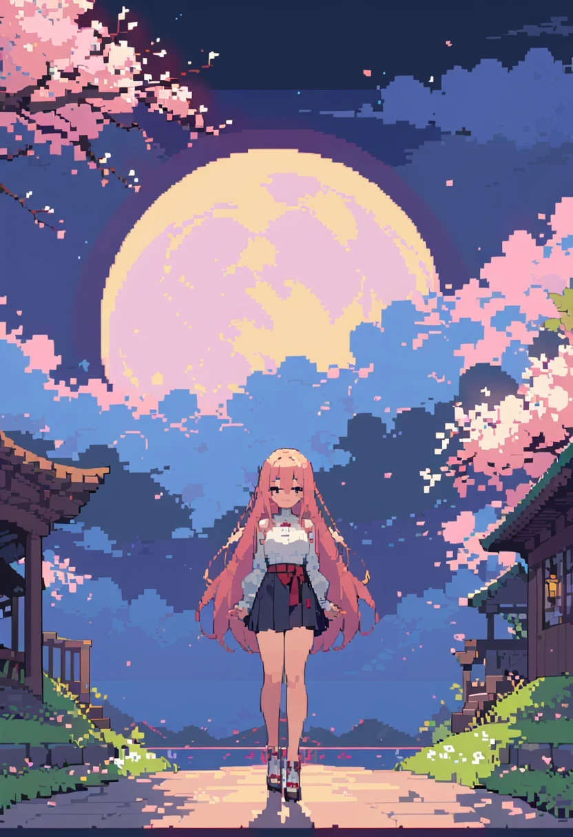 pixel art, masterpiece, best quality, detailed, 1 girl, alone, night sky, outdoor, full moon, Star, cloud, night,, dark cherry blossoms, (black skirt), long hair, smile, red belt, striped, thigh