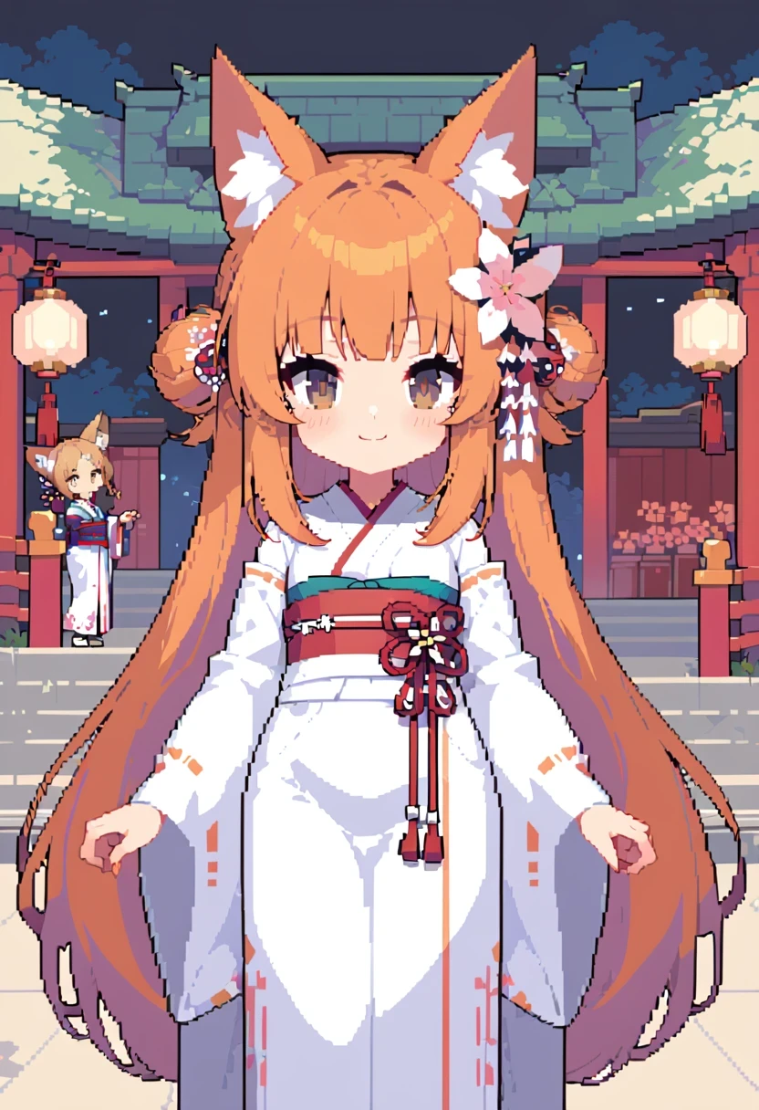 pixel art, masterpiece, best quality, Very detailed, 1 girl, alone, (:3:0.9), animal ear hair, Animal ears, orange hair, fluffy hair, blush, brown eyes, flower, fox ears, fox girl, slope, slope background, hair flower, hair accessories, japanese clothes, kimono, looking at the audience, shrine maiden, Smile, alone, white kimono, beautiful lights