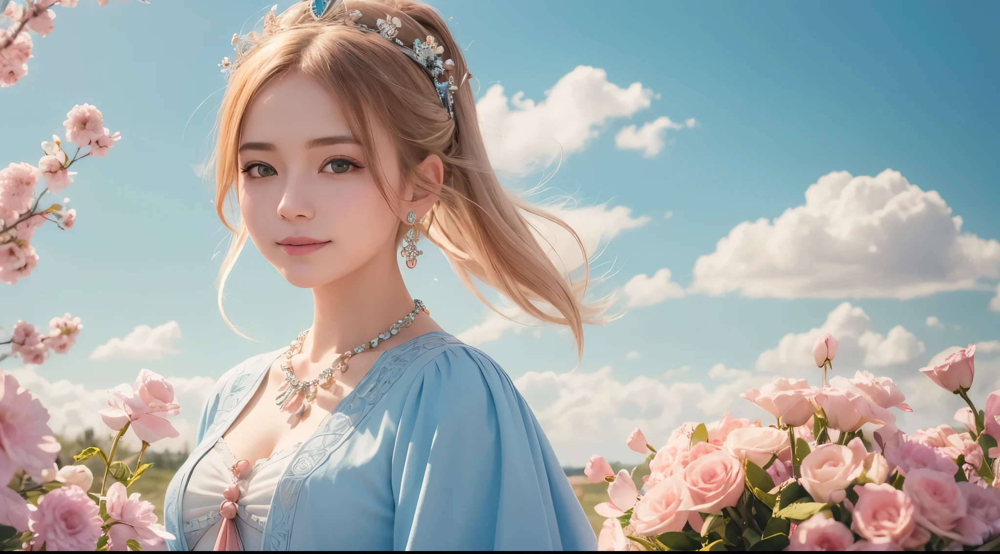 masterpiece, award winning, high quality, super detail, 8k, photo, simple pose, girl, (solo), smile, ancient clothing, detailed clothes, dressed up, spring clothes, ancient accessories, (theme color is bright light blue and pale coral pink), complemented with a necklace, (close up of face), (portrait style), at the old castle, classic European style, in early spring, natural daylight, direct sunlight, harmonious color palette and composition