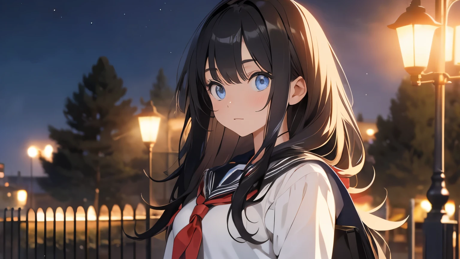 black hair、hair is long、18 year old female、chest is big、high school girl、Sarah uniform、night、talking in the park