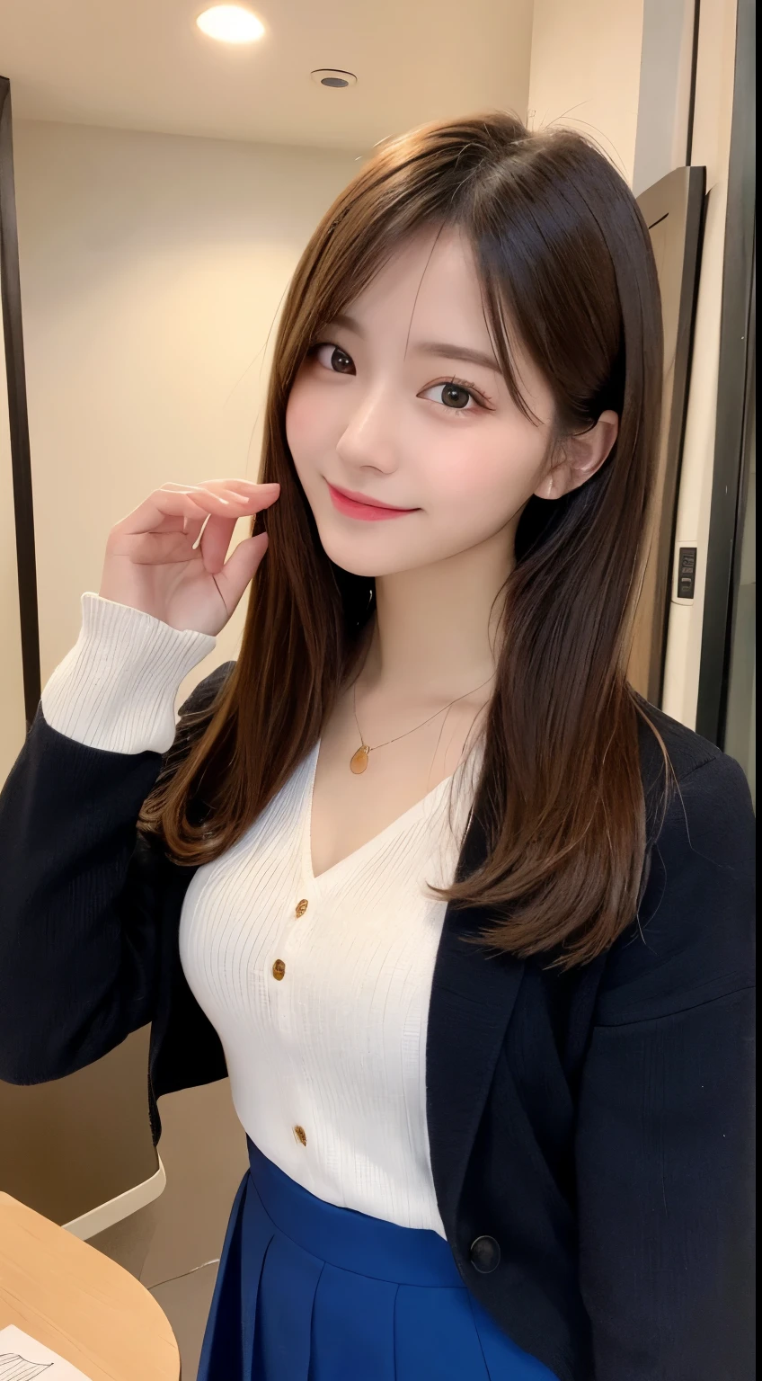 table top, highest quality, shape, Super detailed, finely, High resolution, 8k wallpaper, 完璧なダイナミックな構shape, beautiful and detailed eyes, straight hair, small breasts, natural color lip, random sexy pose,smile,20 year old girl、midnight、Beautiful and dense face、perfect and beautiful face,Big eyes、Raw photo、Expressing feminine poses with your whole body、beautiful and detailed eyes、small face、beautiful duplex、slim face and style,beautiful golden ratio face、Jacket、set up、Tight Skirt、long sleeve blouse,Top company president secretary fashion、blur the background