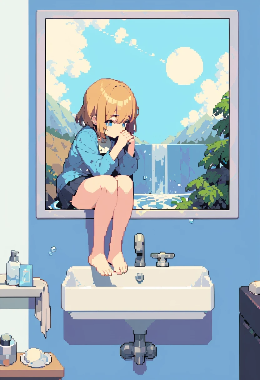 pixel art, Bai Mo put his hands on the sink，Looking at myself in the mirror in a daze., He washed his face many times with cold water, I could clearly feel the cold water drops sliding down my face., in the end, I accepted the reality.