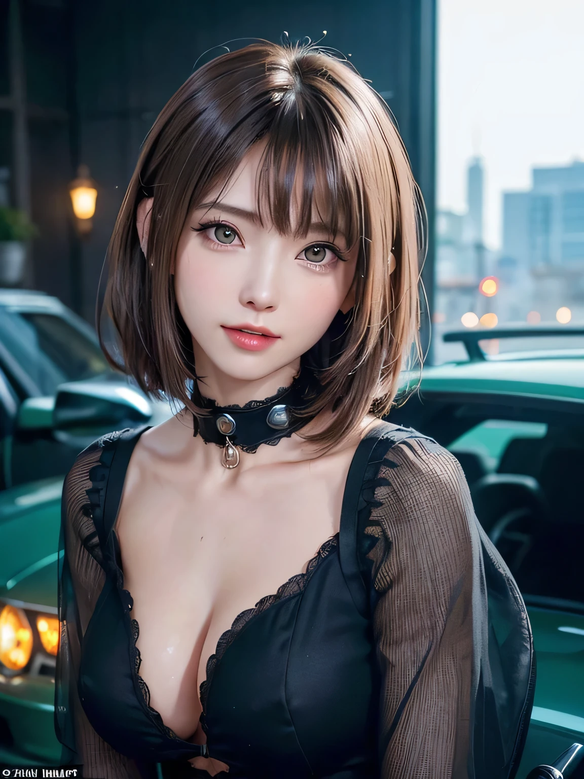 (highest quality:1.4, Add intense highlights to your eyes:1.4, short and shiny hair:1.4 ), 1 girl, light brown eyes, droopy eyes, Big eyes, short hair ((Gives a very strong highlight to the eyes, short hair with bangs:1.4、shiny black hair, Big eyes、light brown eyes, eyelash, droopy eyes:1.5, thin waist, very beautiful beauty, show me your ears, long neck, smile a little,)), staring at me, Beautiful adult woman full of charm:1.4, (With a delicate and beautiful face, Dressed in a black and green mecha, wearing a mechanical helmet, with directional controller, riding a motorcycle, The background is a high-tech lighting scene of a futuristic city.、)、(The woman is looking straight into the camera lens)、perfect anatomy