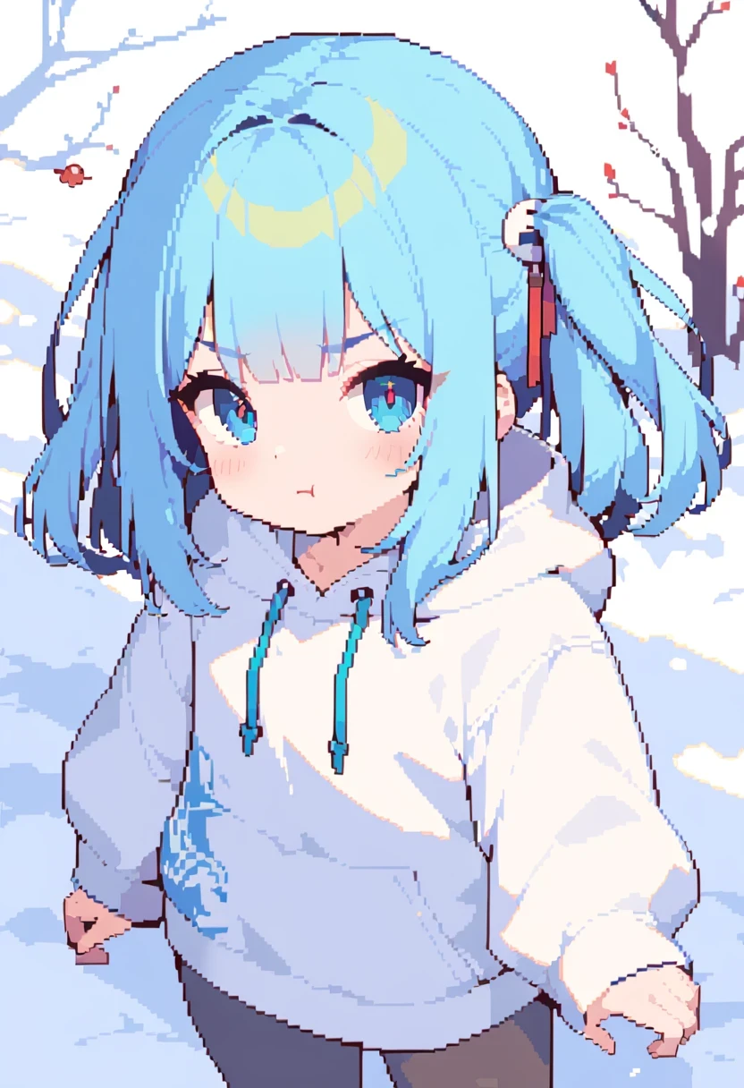 pixel art, A man in a sweatshirt, standing in the snow, Pout, close up, Inspired by Cai Hukun, Shin Jinying, Cheng Yanjun, Ruan Jian, Bian Luan, Jia Ruian