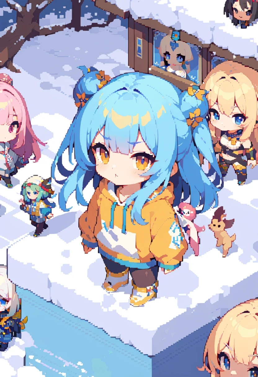 pixel art, A man in a sweatshirt, standing in the snow, Pout, close up, Inspired by Cai Hukun, Shin Jinying, Cheng Yanjun, Ruan Jian, Bian Luan, Jia Ruian