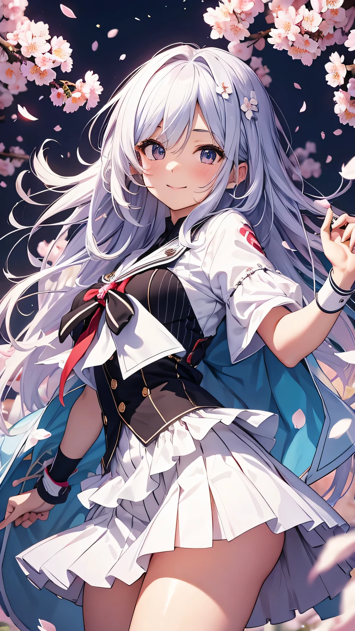 最high quality、best image quality、masterpiece、girl((18-year-old、 By becoming、vest bust、medium bust,wide open breast tea、shining eyes, silver hair、long hair、thin,highest valley、、white sailor suit、White short skirt、Wristband、smile、dance、song)),high quality、beautiful art、background((SakuraFubuki、Falling cherry blossoms、Cherry tree、beautiful park、square、Cherry Meadow、Wind))、Flight、debris flies、Depth of written boundary、movie、visual art、perfect art、8K,genuine、