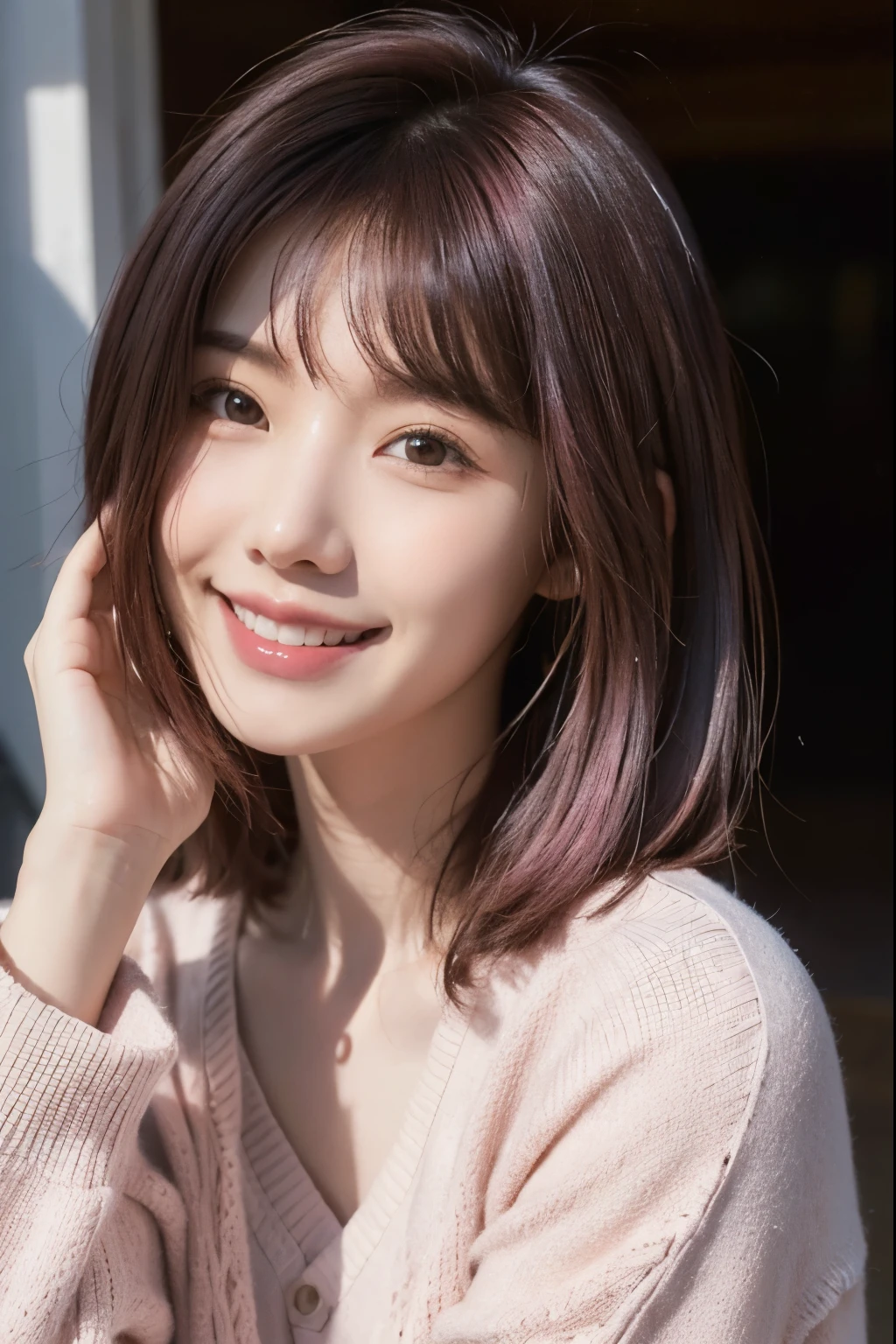 Smile, clear sunlight, dark pink hair