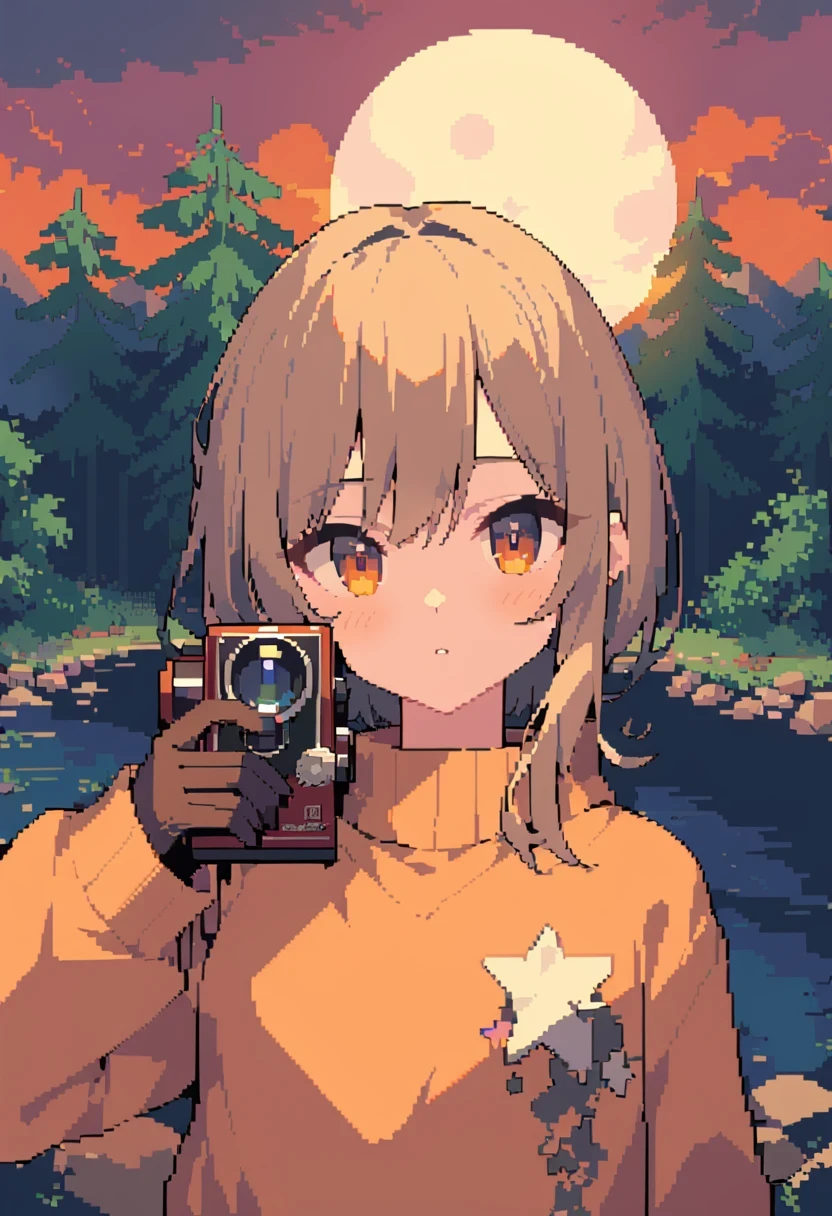 pixel art, Veronica Cipher ((Upper body selfie, happiness)), masterpiece, top quality, Ultra-detailed, alone, outdoor, (night), Mountain, nature, (Star, moon) hapiness, happiness, Gloves, sweater, have, flashlight, forest, rock, river, wood, smokes, shadow, Compared, clear sky, analogy style (view viewer:1.2) (Texture) (film grain: 1.3), (Warm colors, Warm colors): 1.2), close up, film light, Side light, ultra high resolution, vest shadow, raw, Wear a jumper, Kodak Vision 3,