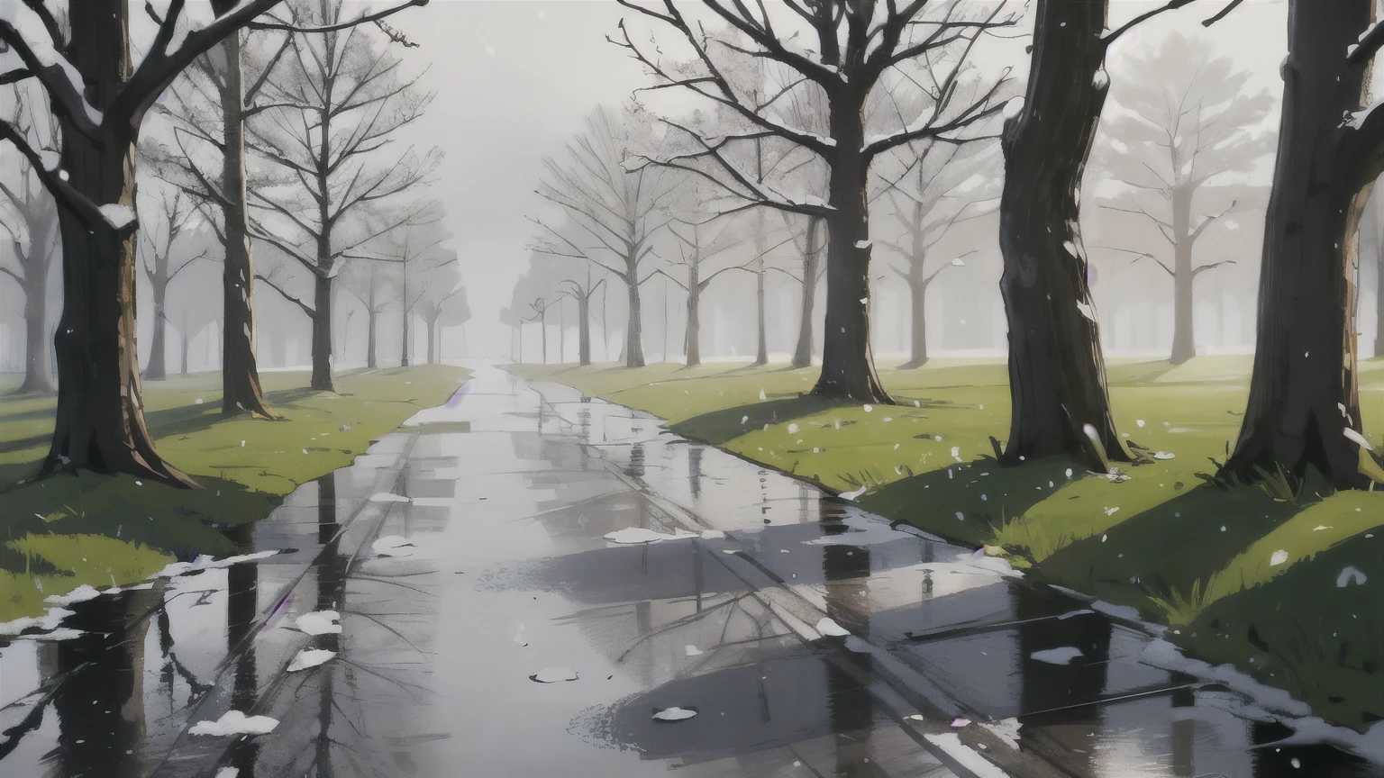 the forest, spring, Puddles, trees without leaves, Puddles, grey sky, overcast sky, snow is melting, trees without leaves