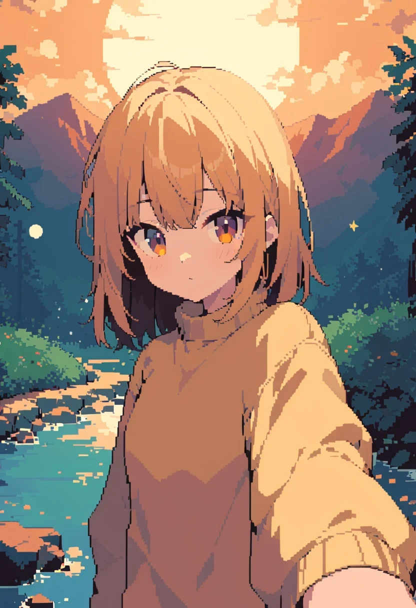 pixel art, Veronica Cipher ((Upper body selfie, happiness)), masterpiece, top quality, Ultra-detailed, alone, outdoor, (night), Mountain, nature, (Star, moon) hapiness, happiness, Gloves, sweater, have, flashlight, forest, rock, river, wood, smokes, shadow, Compared, clear sky, analogy style (view viewer:1.2) (Texture) (film grain: 1.3), (Warm colors, Warm colors): 1.2), close up, film light, Side light, ultra high resolution, vest shadow, raw, Wear a jumper, Kodak Vision 3,